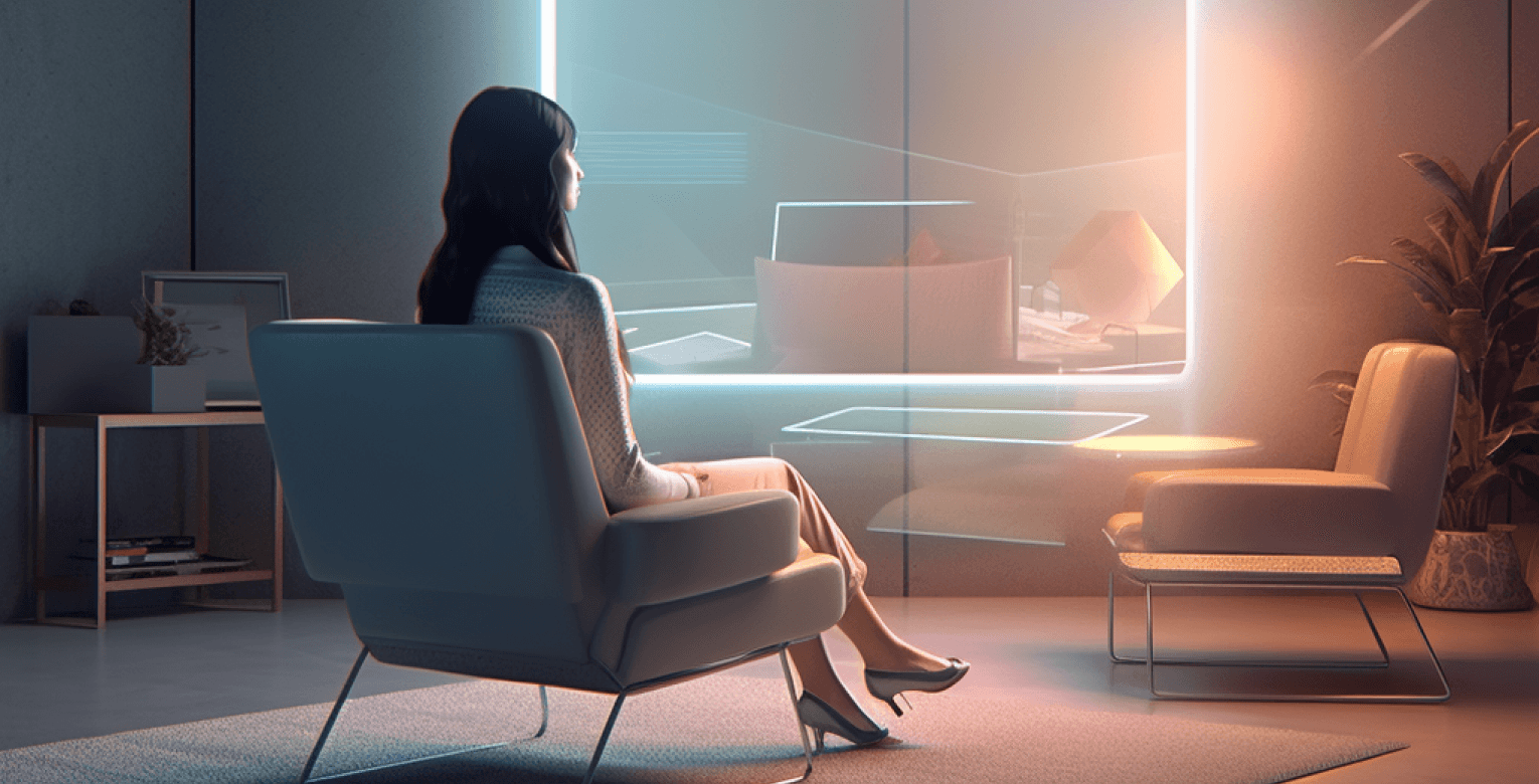 A woman watching a hologram in her living room