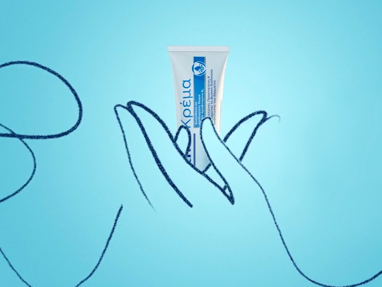 Image of a 2d drawing of hands holding a cream product