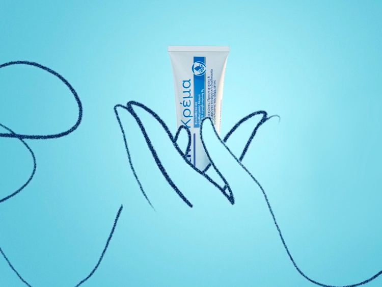 Image of a 2d drawing of hands holding a cream product