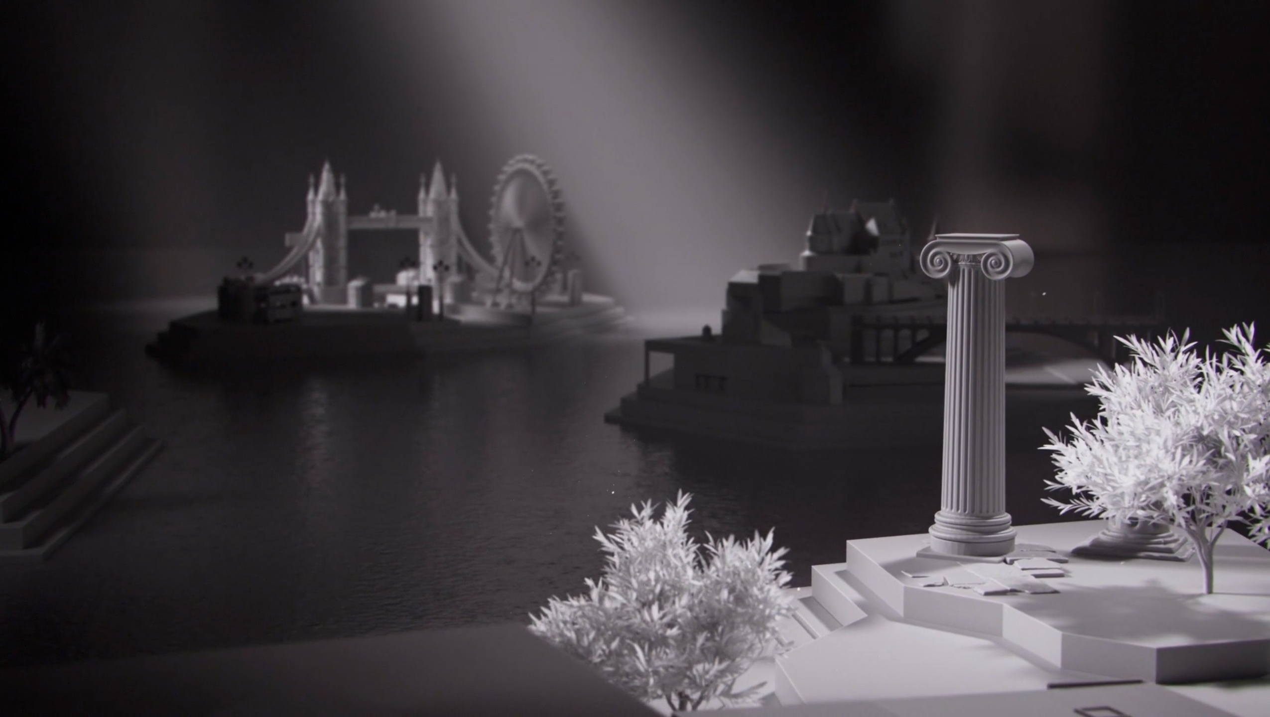 3D render of London Eye and an ancient greek column